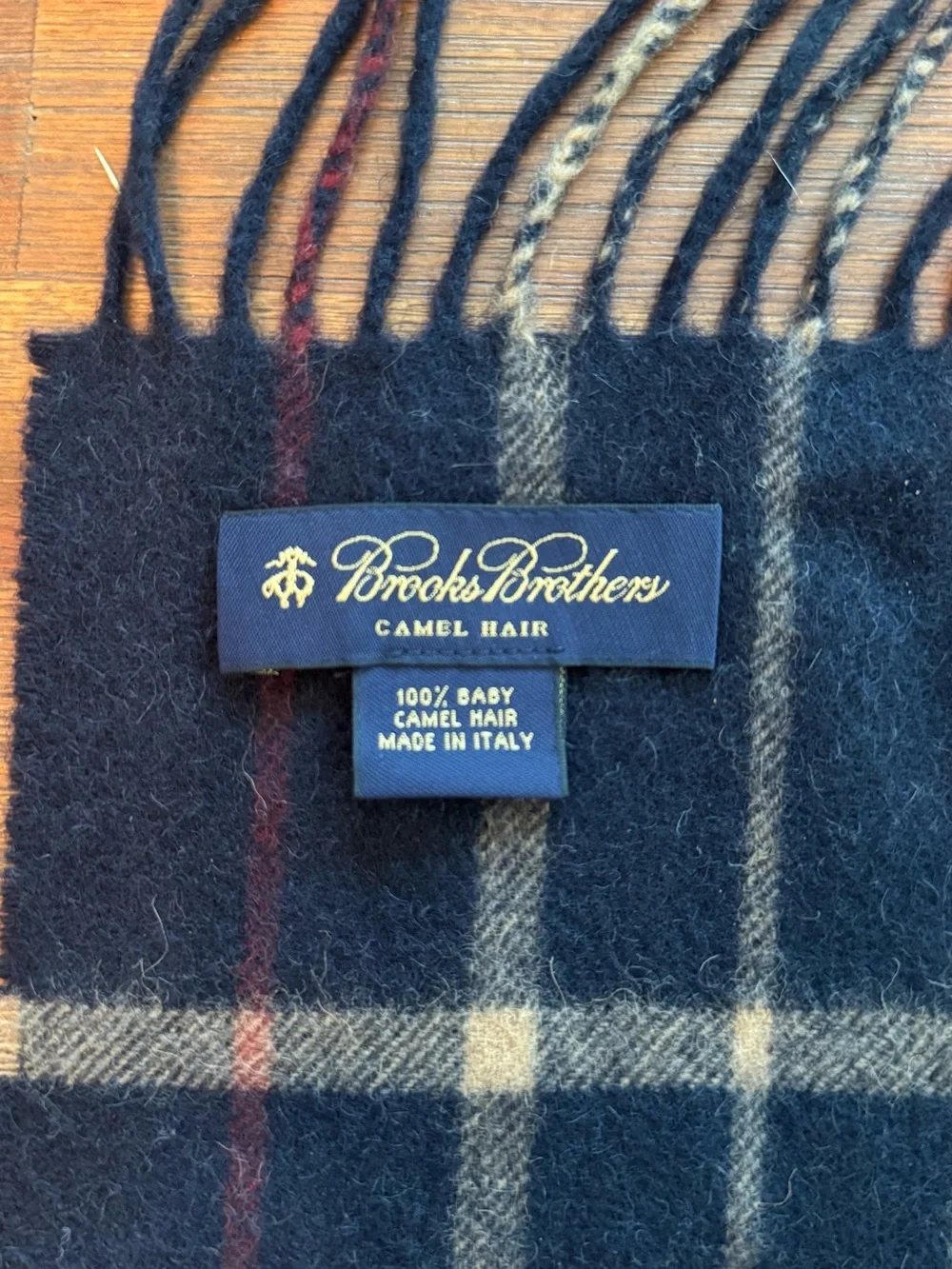 Brooks Brothers 100% Baby Camel Hair Scarf Italy Navy Plaid Fringe Luxury Preppy